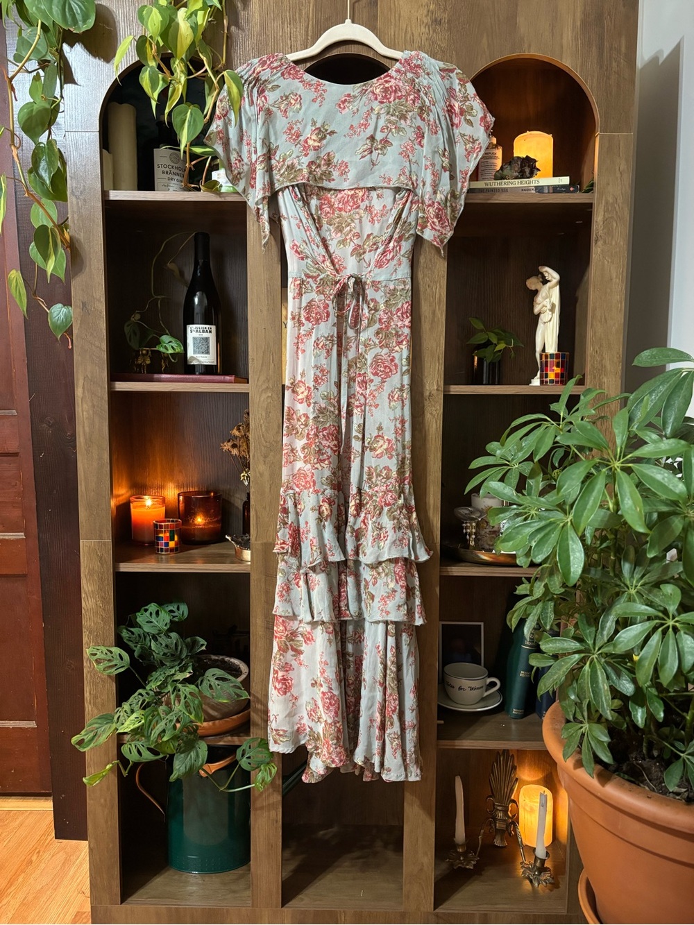 XS Pastel Pink Blue Floral Rose Print V-Neck Maxi Dress - Picture 9 of 13
